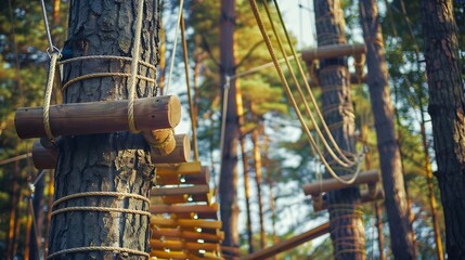 Rope obstacle track high in the trees a rope course in an adventure park in a pine forest climbing track in adventure park : Generative AI