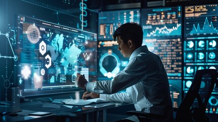 Aufkleber - Ai Businessman working with modern interface Business analytics Big data technology and data science Data flow conceptBusiness computing digital composite : Generative AI