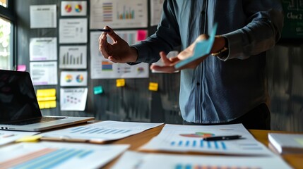 Fototapete - Man chart and mentor in meeting for strategy brainstorming and talking in office presentation Male person planning and leader teaching in workshop speaking and support in staff trainin : Generative AI