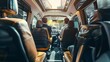 © The Little Hut - Business people sitting in minivan taxi view through an open door Concept of business trips and transportation : Generative AI
