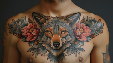 Wall Mural - Neotraditional tattoo of wolf on a man's chest vibrant colors and intricate details