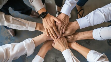 Fototapete - Hands stack and group of business people in office for team building motivation and solidarity Attorney lawyer or advocate in low angle for staff with support in corporate law firm for : Generative AI