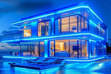 Sticker - Modern house with blue neon lighting highlighting contemporary design and advanced smart home technology