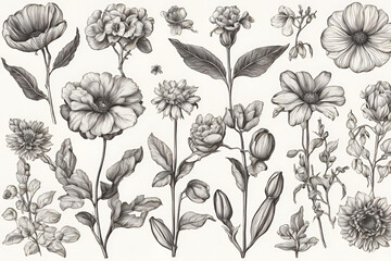 outlined flower drawings in vintage style. retro botanical set with floral plants, blooms engravings