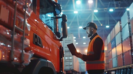 Leinwandbilder - Logistics business Truck for international transport Container ship transports cargo Man works in logistics warehouse Logistician guy with laptop Logistics processes Selecting delivery : Generative AI