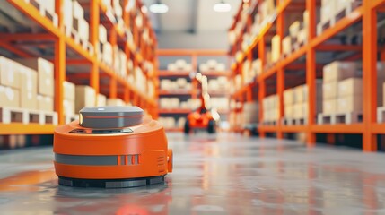 Poster - Blur background of smart robotic machine inspecting product in storage Warehouse interior with shelves bins and a forklift Industrial storage and logistics facility Design for poster S : Generative AI