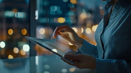 Leinwandbilder - Business woman tablet and typing in office for corporate communication internet research and networking Female person technology and working late night for project planning and company : Generative AI