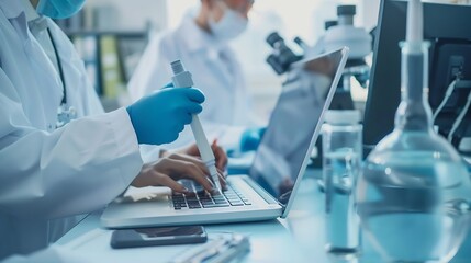 Aufkleber - Laptop science team and people learning for cancer cure help or medical development in laboratory Training investigation or research info with scientists in clinical trial for medicine : Generative AI
