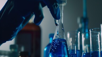 Fototapete - Closeup hands dropping fluid from dropper flask beaker into blue test tube sample laboratory for compare in medicine chemical biology medical science experiment technology biotechnolog : Generative AI