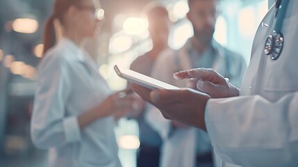 Fototapete - Doctors group and meeting on tablet for medical planning advice and support in teamwork or hospital solution Healthcare staff people and leader on digital technology and talking of cli : Generative AI