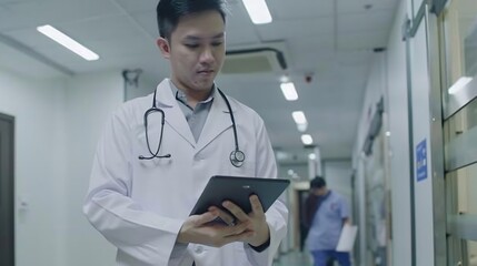 Aufkleber - Walking tablet or doctor in hospital with research on social media to search for medicine info online Asian man reading smile or medical healthcare nurse browsing on technology for tel : Generative AI