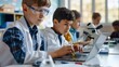 © The Little Hut - Students learning in science classroom Focused young boy students experiment with chemicals using flasks and test tubes with microscope and laptop on clean white desk in classroom : Generative AI