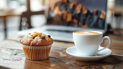 Wall Mural - A cup of coffee and a muffin sit on a wooden table. The coffee is hot and the muffin is chocolate chip. The scene is cozy and inviting, perfect for a morning pick-me-up