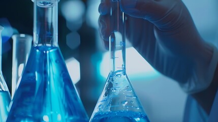 Fototapete - Closeup hands dropping fluid from dropper flask beaker into blue test tube sample laboratory for compare in medicine chemical biology medical science experiment technology biotechnolog : Generative AI