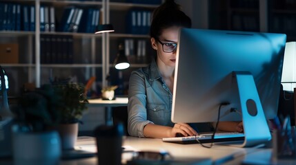 Poster - Woman employee and reading on computer in office on browsing internet online and research for ideas Female person workplace and desk with deadline or overtime project and standing as h : Generative AI