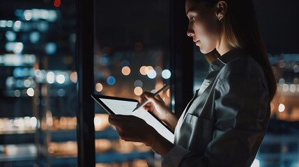 Leinwandbilder - Business woman tablet and typing in office for corporate communication internet research and networking Female person technology and working late night for project planning and company : Generative AI