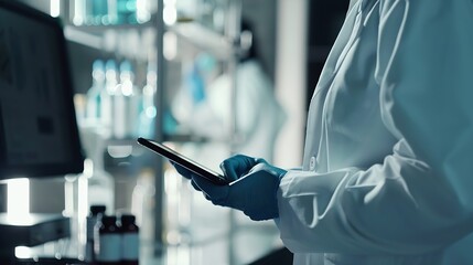 Aufkleber - Science teamwork and scientist with tablet in laboratory for communication pharmaceutical review or planning Employees collaboration and technology for research discussion and digital  : Generative AI