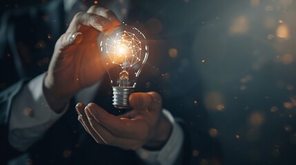 Poster - AI Artificial Intelligence Technology concept Businessman holding a glowing lightbulb with AI symbol representing artificial intelligence technology innovation and future digital advan : Generative AI