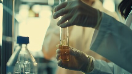Fototapete - A scientist uses laboratory equipment for a research experiment test tube is essential for chemists to use in experiments scientific researchers must concentrate on testing samples in  : Generative AI