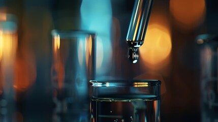 Poster - Dripping liquid from pipette into test tube on blurred background closeup : Generative AI