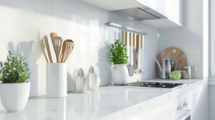 Interior of light kitchen with white counters houseplant and utensils : Generative AI