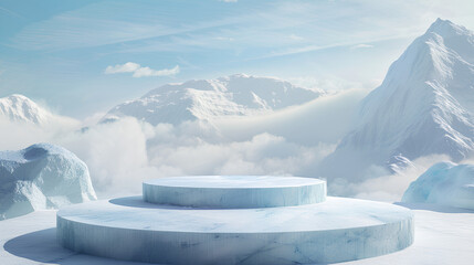 Poster - Ice podium background snow winter product platform cold mountain 3D. Podium ice display background cosmetic sky floor blue scene landscape frozen white cool stand pedestal minimal rock glacier nature