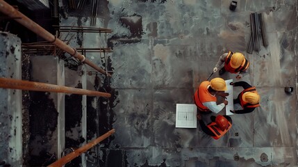 Fototapete - Top down aerial view of architect engineer team shake hands and discussing about building construction Group of diverse people working together to plan and design by using blueprint Al : Generative AI