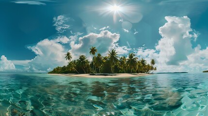 Wall Mural - Tropical island paradise sea beach ocean water green coconut palm tree leaves sand sun blue sky cloud beautiful nature panorama landscape Caribbean Maldives Thailand summer holidays va : Generative AI