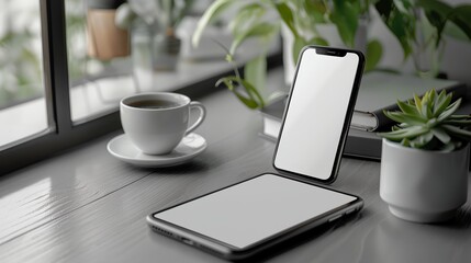 Wall Mural - a cell phone sitting on top of a table next to a cup of coffee