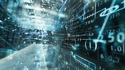 Leinwandbilder - Image of mathematical equations and data processing over server room Global technology computing and digital interface concept digitally generated image : Generative AI