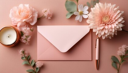 Wall Mural - Elegant stationery set with a blush pink envelope, blank card, pen, and decorative flowers on a soft background.