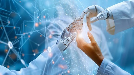 Poster - Medical Ai Hands of robot and human touching on medical data network connection AI robot for diagnosis increasing accuracy patient treatment in future technology to improve patient hea : Generative AI