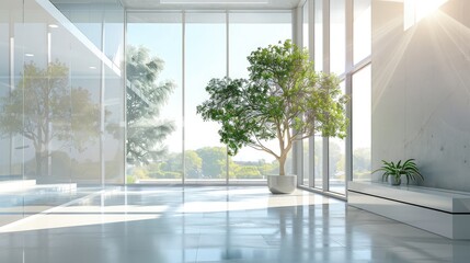 Sticker - A modern office with large windows and a potted tree in the corner, providing a fresh ambiance. Copy space on the right.