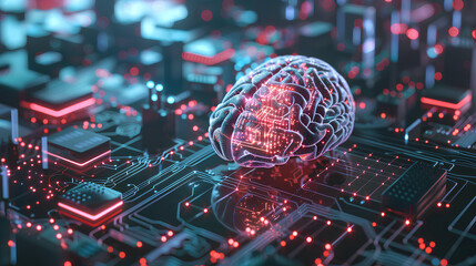 Wall Mural - Neural circuit and electronic cyber brain in a quantum computing system, concept of artificial intelligence technology, biotechnology innovation, robot progress and machine learning Stock Illustration