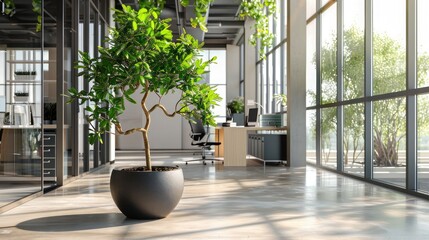 Sticker - A modern office with large windows and a potted tree in the corner, providing a fresh ambiance. Copy space on the right.