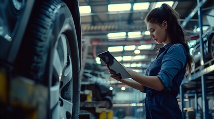 Poster - Female professional using tablet quality checking car parts worker in warehouse Supervisor importexport shipping transportation logistic business factory concept : Generative AI