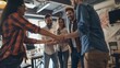 © The Little Hut - Team handshake and office with deal of creative staff with success and partnership planning Management people and thank you with project achievement and applause from agreement and sup : Generative AI