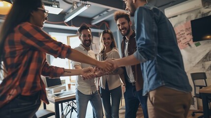 Fototapete - Team handshake and office with deal of creative staff with success and partnership planning Management people and thank you with project achievement and applause from agreement and sup : Generative AI