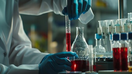 Aufkleber - DNA gloves and science with woman in laboratory for breakthrough discovery or experiment Blood getting ready and test tube with scientist at work on clinical trial for biology cure or  : Generative AI