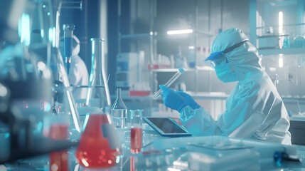 Poster - People mask or scientists on tablet for liquid results life extension or antiaging medicine in laboratory Teamwork vial or biologists with chemistry research test tube or science info  : Generative AI