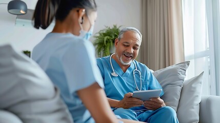 Poster - Nurse senior and discussion with tablet on sofa for healthcare communication or consultation at home Woman or medical caregiver helping and talking to elderly male person on technology : Generative AI