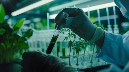 Aufkleber - lab research scientific agriculture science test analyzing analysis microbiology laboratory A researcher is holding a test tube with a liquid in it representation of the scientific pro : Generative AI