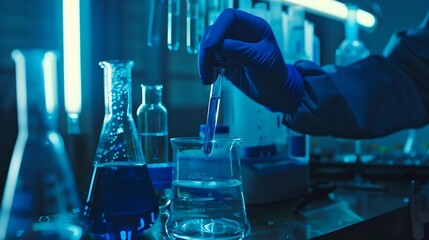 Fototapete - A scientist uses laboratory equipment for a research experiment test tube is essential for chemists to use in experiments scientific researchers must concentrate on testing samples in  : Generative AI