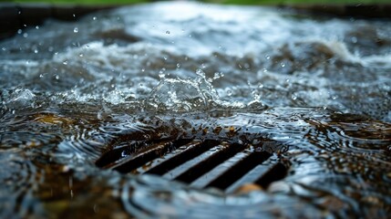 Wall Mural - A drain is filled with water and the water is splashing out of the drain