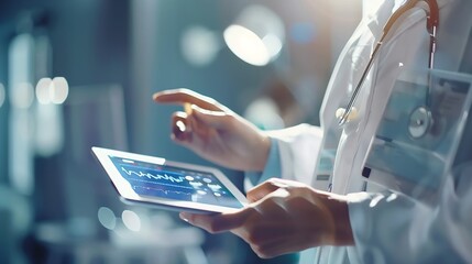 Poster - Hospital tablet and hands of doctor with patient for consulting medical service and help in clinic Healthcare telehealth and people on digital tech for diagnosis online results and ins : Generative AI
