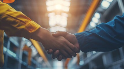 Fototapete - Factory workermale engineer holding hands together show strength teamwork making good deal in metal sheet industrial factory industry of transportation container Transport logistics bu : Generative AI