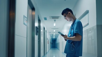 Aufkleber - Walking tablet or doctor in hospital with research on social media to search for medicine info online Asian man reading smile or medical healthcare nurse browsing on technology for tel : Generative AI