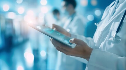 Aufkleber - Healthcare tablet and teamwork in meeting for research planning and discussion in hospital for collaboration Medical nurses and doctor with people for communication news report or feed : Generative AI