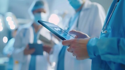 Poster - Doctors group and meeting on tablet for medical planning advice and support in teamwork or hospital solution Healthcare staff people and leader on digital technology and talking of cli : Generative AI