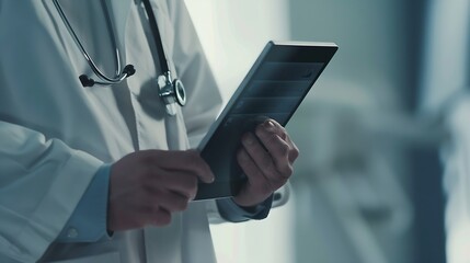 Poster - Man doctor and tablet in research medical or Telehealth for communication or networking at hospital Closeup of male person or healthcare surgeon on technology for social media or onlin : Generative AI